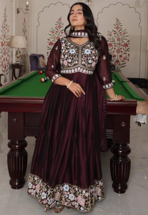 Coffee Color Anarkali Suit in Rangoli Silk with Embroidery Work - Image 4