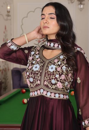 Coffee Color Anarkali Suit in Rangoli Silk with Embroidery Work - Image 5