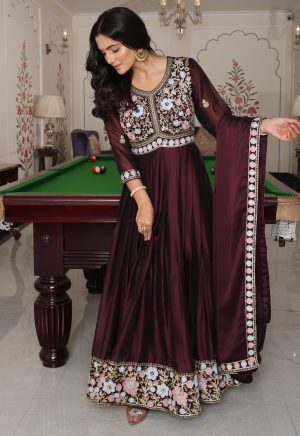 Coffee Color Anarkali Suit in Rangoli Silk with Embroidery Work - Image 3