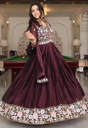 Coffee Color Anarkali Suit in Rangoli Silk with Embroidery Work - Image 1