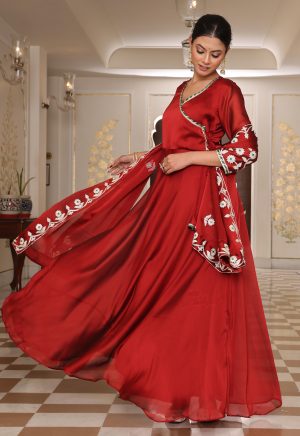 Stunning Rangoli Silk Anarkali Suit Adorned with Maroon Ribbon Work Embroidery - Image 3