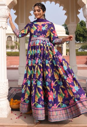 Fabulous Purple Chinon Silk Anarkali Suit with Gorgeous Print Design - Image 1