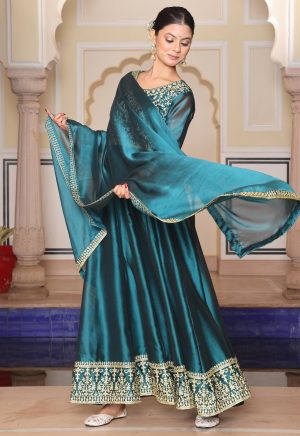 Lovely Rama Color Rangoli Silk Anarkali Suit with Exquisite Embroidery Work - Image 1