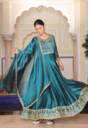 Lovely Rama Color Rangoli Silk Anarkali Suit with Exquisite Embroidery Work - Image 2