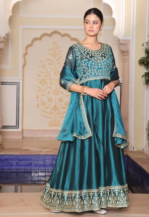 Lovely Rama Color Rangoli Silk Anarkali Suit with Exquisite Embroidery Work - Image 3