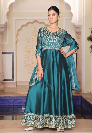 Lovely Rama Color Rangoli Silk Anarkali Suit with Exquisite Embroidery Work - Image 4