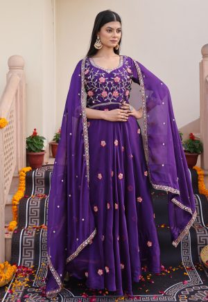 Charming Purple Rangoli Silk Anarkali Suit Adorned with Intricate Beads Embroidery Work - Image 1