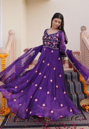 Charming Purple Rangoli Silk Anarkali Suit Adorned with Intricate Beads Embroidery Work - Image 2