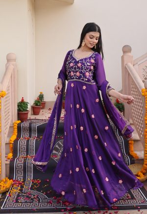 Charming Purple Rangoli Silk Anarkali Suit Adorned with Intricate Beads Embroidery Work - Image 3