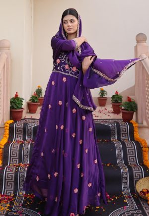 Charming Purple Rangoli Silk Anarkali Suit Adorned with Intricate Beads Embroidery Work - Image 4