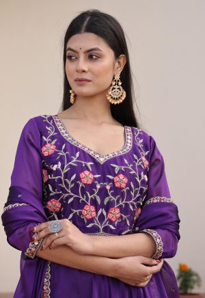 Charming Purple Rangoli Silk Anarkali Suit Adorned with Intricate Beads Embroidery Work - Image 5