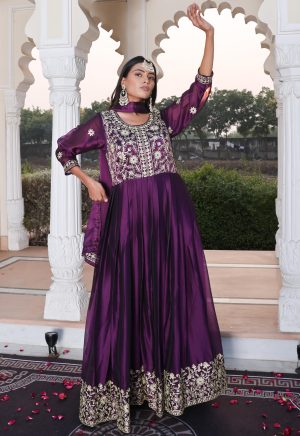 Luxurious Purple Rangoli Silk Anarkali Suit with Elegant Ribbon Work Embroidery - Image 1