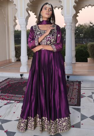 Luxurious Purple Rangoli Silk Anarkali Suit with Elegant Ribbon Work Embroidery - Image 3