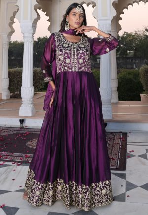 Luxurious Purple Rangoli Silk Anarkali Suit with Elegant Ribbon Work Embroidery - Image 4