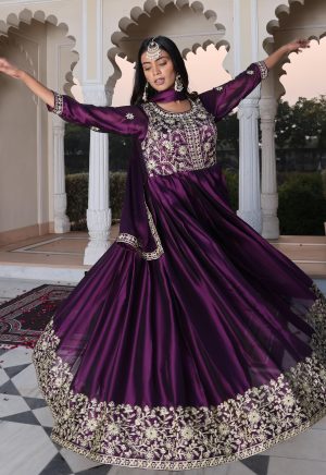 Luxurious Purple Rangoli Silk Anarkali Suit with Elegant Ribbon Work Embroidery - Image 2