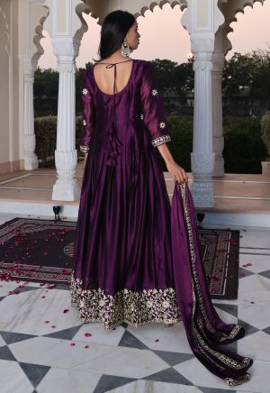 Luxurious Purple Rangoli Silk Anarkali Suit with Elegant Ribbon Work Embroidery - Image 6