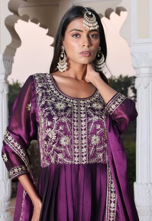 Luxurious Purple Rangoli Silk Anarkali Suit with Elegant Ribbon Work Embroidery - Image 5