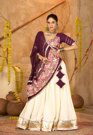 Purple & Cream Kutchi Embroidered Lehenga | Navratri & Garba Night Special - Image 3