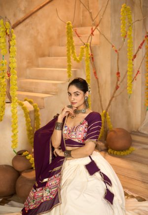 Purple & Cream Kutchi Embroidered Lehenga | Navratri & Garba Night Special - Image 7