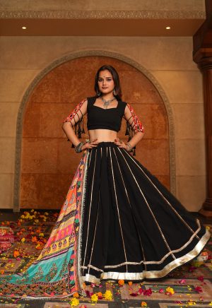 Black Mirror Work Lehenga Choli with Multicolor Dupatta | Navratri Special - Image 4