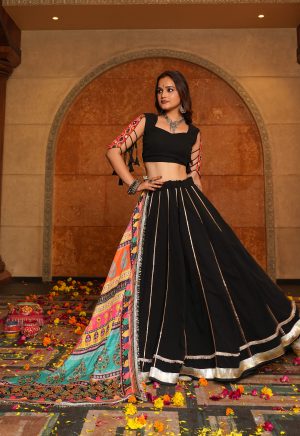 Black Mirror Work Lehenga Choli with Multicolor Dupatta | Navratri Special - Image 5