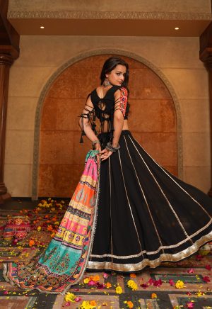 Black Mirror Work Lehenga Choli with Multicolor Dupatta | Navratri Special - Image 6