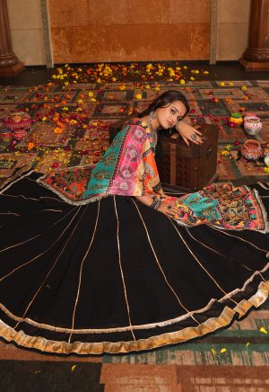 Black Mirror Work Lehenga Choli with Multicolor Dupatta | Navratri Special - Image 3