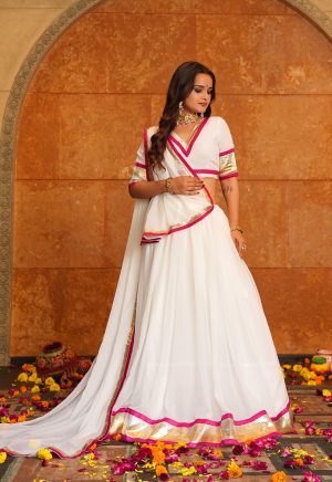 White Lehenga Choli with Pink and Gold Border , Navratri & Traditional Wear - Image 6