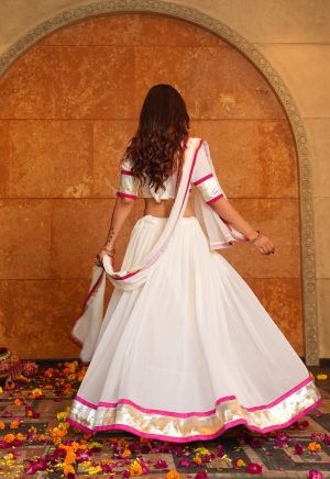White Lehenga Choli with Pink and Gold Border , Navratri & Traditional Wear - Image 4