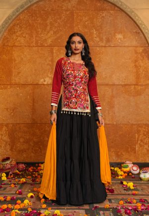 Black Lehenga with Mirror Work Top and Mustard Dupatta | Garba nights - Image 7