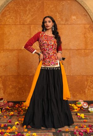 Black Lehenga with Mirror Work Top and Mustard Dupatta | Garba nights - Image 6