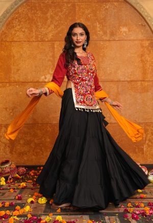 Black Lehenga with Mirror Work Top and Mustard Dupatta | Garba nights - Image 5