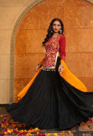 Black Lehenga with Mirror Work Top and Mustard Dupatta | Garba nights - Image 4
