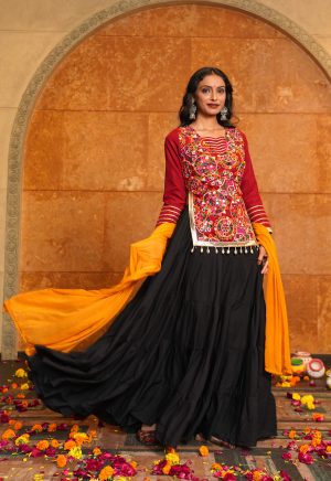 Black Lehenga with Mirror Work Top and Mustard Dupatta | Garba nights - Image 3