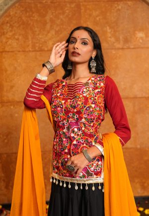 Black Lehenga with Mirror Work Top and Mustard Dupatta | Garba nights - Image 8
