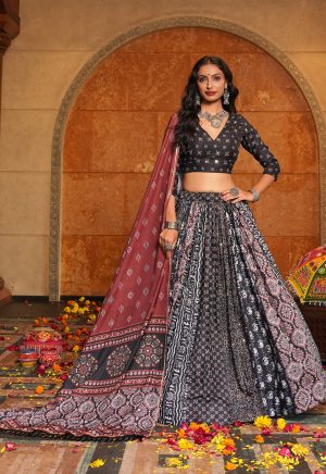 Ajrakh Print Black Lehenga Choli with Rust Dupatta | Traditional Navratri Wear - Image 4