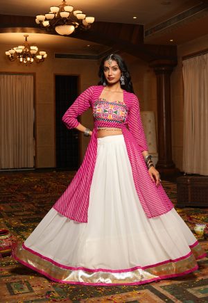 White Lehenga with Kutchi Embroidery Crop Top & Pink Jacket ? Navratri Fusion Wear - Image 5