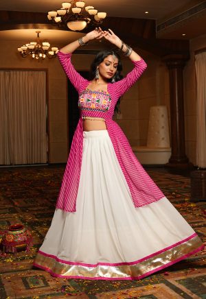 White Lehenga with Kutchi Embroidery Crop Top & Pink Jacket ? Navratri Fusion Wear - Image 4