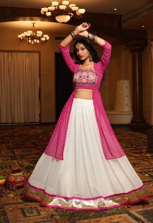 White Lehenga with Kutchi Embroidery Crop Top & Pink Jacket ? Navratri Fusion Wear - Image 3