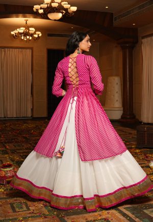 White Lehenga with Kutchi Embroidery Crop Top & Pink Jacket ? Navratri Fusion Wear - Image 6