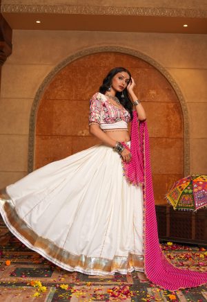White Lehenga Choli with Kutchi Embroidered Blouse & Pink Dupatta ( Navratri Festive Wear ) - Image 5