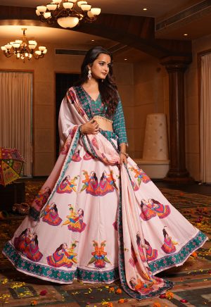 Printed Pink Lehenga Choli with Dandiya Motifs & Green Blouse Navratri Garba Special - Image 3