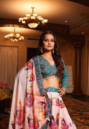 Printed Pink Lehenga Choli with Dandiya Motifs & Green Blouse Navratri Garba Special - Image 5