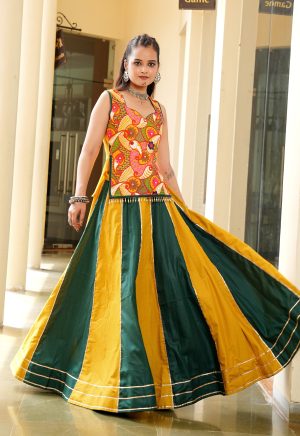 Color-Block Navratri Lehenga in Mustard & Green | Dandiya Night Fashion - Image 3
