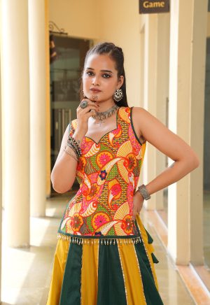 Color-Block Navratri Lehenga in Mustard & Green | Dandiya Night Fashion - Image 4
