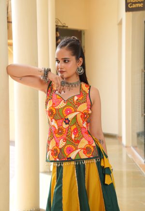 Color-Block Navratri Lehenga in Mustard & Green | Dandiya Night Fashion - Image 5