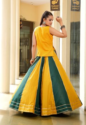 Color-Block Navratri Lehenga in Mustard & Green | Dandiya Night Fashion - Image 6