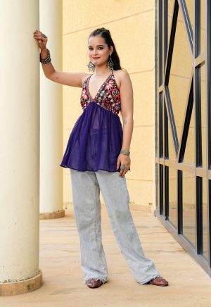 Traditional Gujarati Embroidered Halter Top for Women | Sheer Ethnic Fusion Wear - Image 5