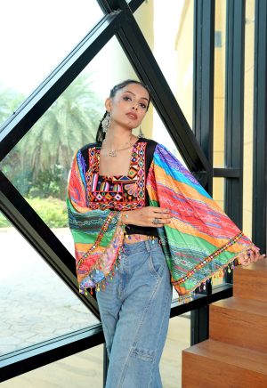 Women's Multicolor Kutchi Embroidered Boho Crop Top with Flared Sleeves ? Navratri & Festive Fusion Wear - Image 3