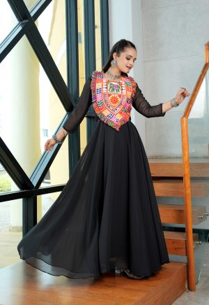 Women's Black Flared Gown with Kutchi Embroidered Yoke ? Navratri & Festive Fusion Dress - Image 4